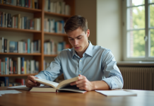 Niveau d’étude d’Elon Musk : tout savoir sur l’éducation du milliardaire Jeune homme lisant un livre dans une bibliothèque universitaire