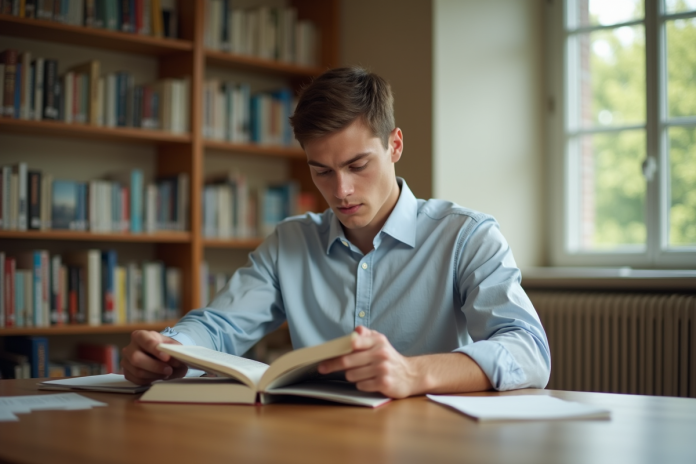 jeune-homme-lecture-bibliotheque Jeune homme lisant un livre dans une bibliothèque universitaire