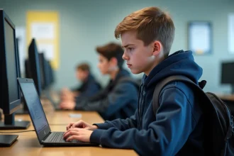 Adolescent concentré devant son ordinateur en lycée moderne
