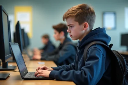 Adolescent concentré devant son ordinateur en lycée moderne
