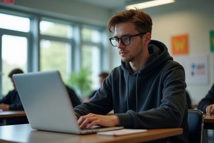 Jeune homme en hoodie travaillant sur un ordinateur en classe