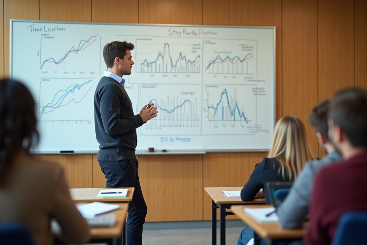 Jeune homme en présentation devant un tableau de portefeuille
