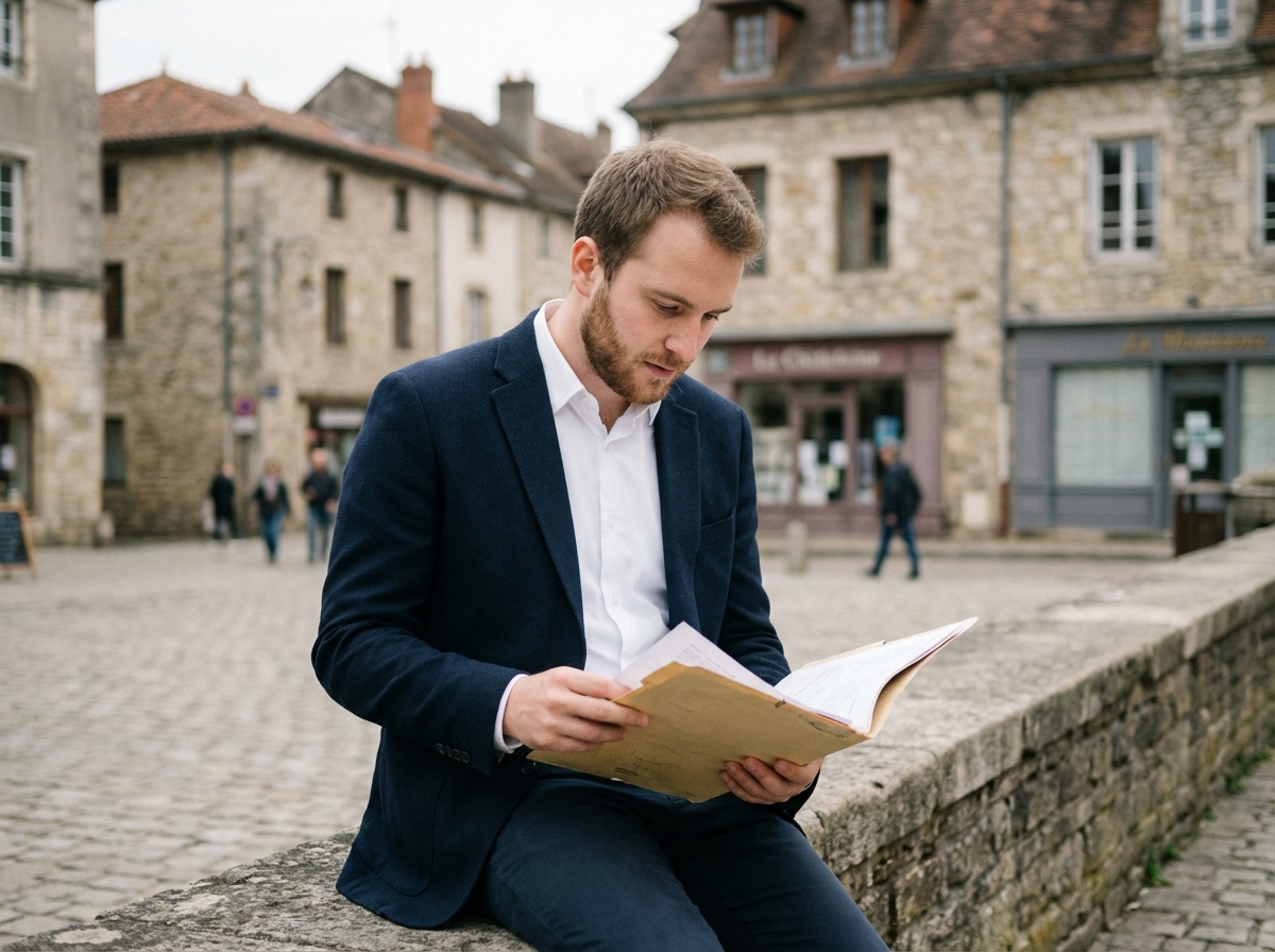 Jeune homme en blazer examinant un dossier en ville à Aubagne