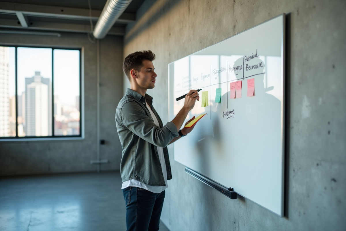 Jeune homme écrivant sur un tableau blanc dans un bureau moderne