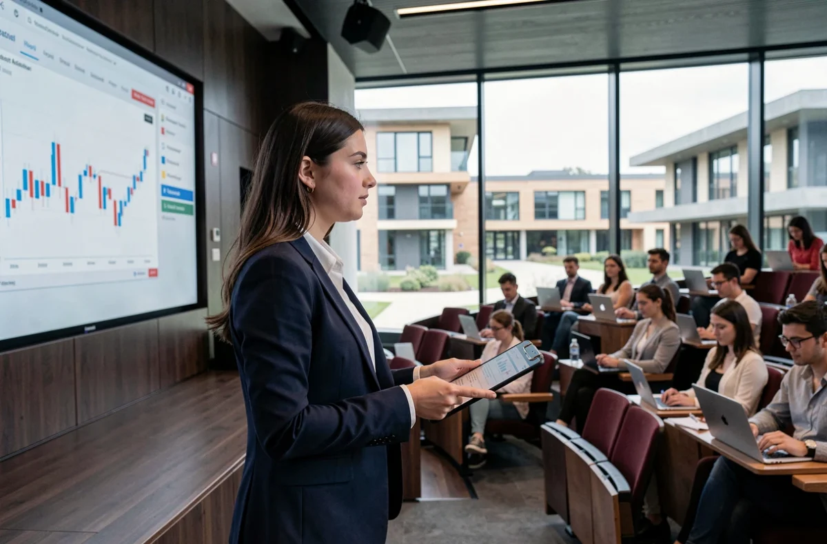 Étudiante présentant un cas business dans un amphithéâtre moderne de KEDGE Business School à Bordeaux