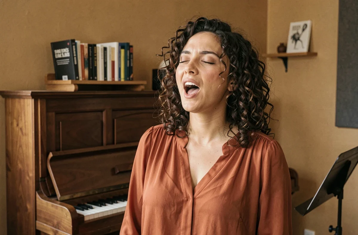 Chanteuse en cours de chant vocal dans le studio La Voix Lactée à Lille