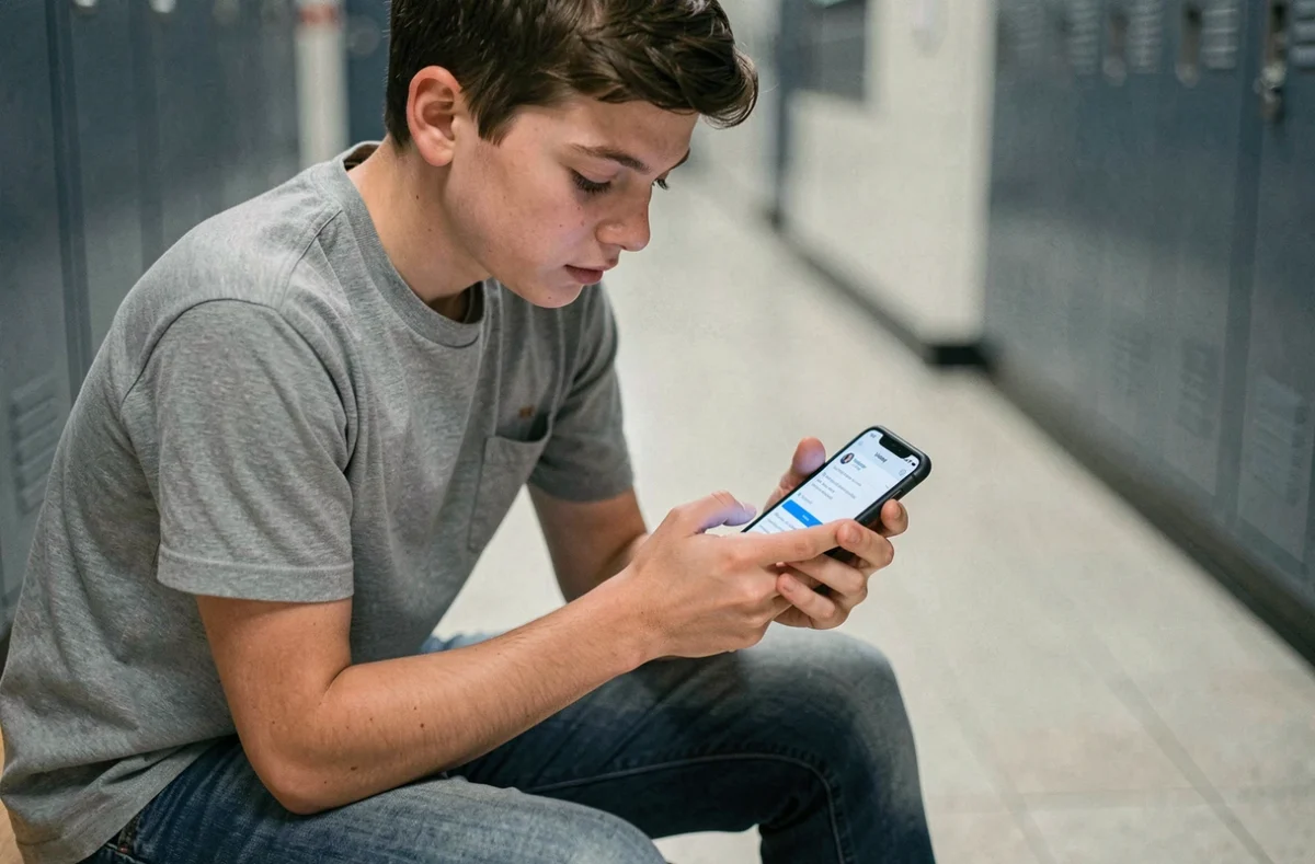 Lycéen paramétrant son compte Lycée Connecté sur smartphone dans un couloir d'établissement scolaire