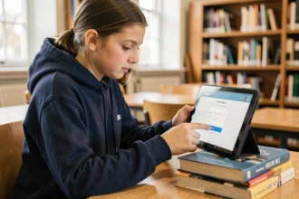 Lycéenne configurant l'accès à Lycée Connecté sur une tablette Android dans une bibliothèque scolaire