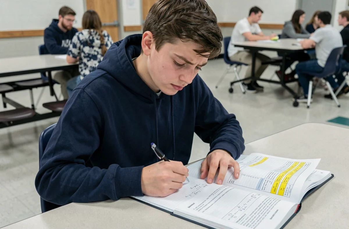 Lycéen consultant une feuille de notes pour calculer sa moyenne avec coefficient dans une cafétéria scolaire