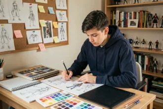 Lycéen dessinant des personnages dans son cahier de croquis pour préparer son entrée à l'école Gobelins après le bac