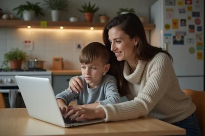 Femme et enfant regardant un portail scolaire en ligne