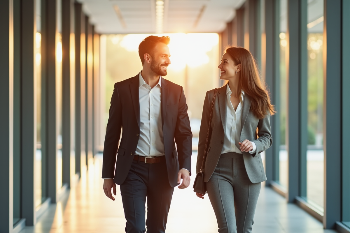 Manager et employée discutant dans un couloir lumineux