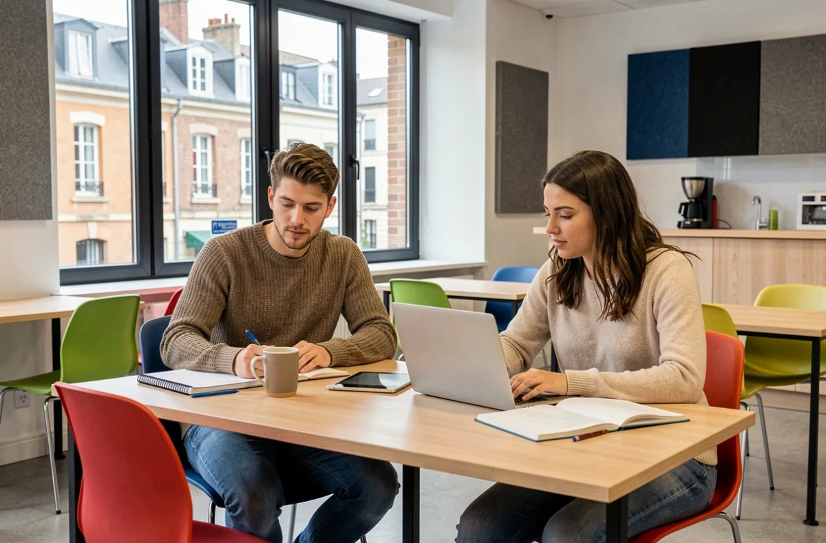 Deux étudiants travaillant ensemble dans l'espace co-working de MBway Bordeaux