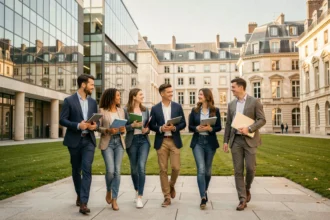 Étudiants en école de commerce marchant sur un campus moderne à Bordeaux