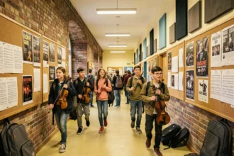 Couloir animé d'une école de musique dans le Nord avec des élèves portant divers instruments de musique