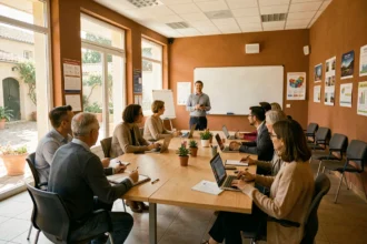 Groupe d'adultes en formation dans un centre pédagogique moderne de l'Hérault, illustrant le top 10 des meilleurs centres de formation de la région