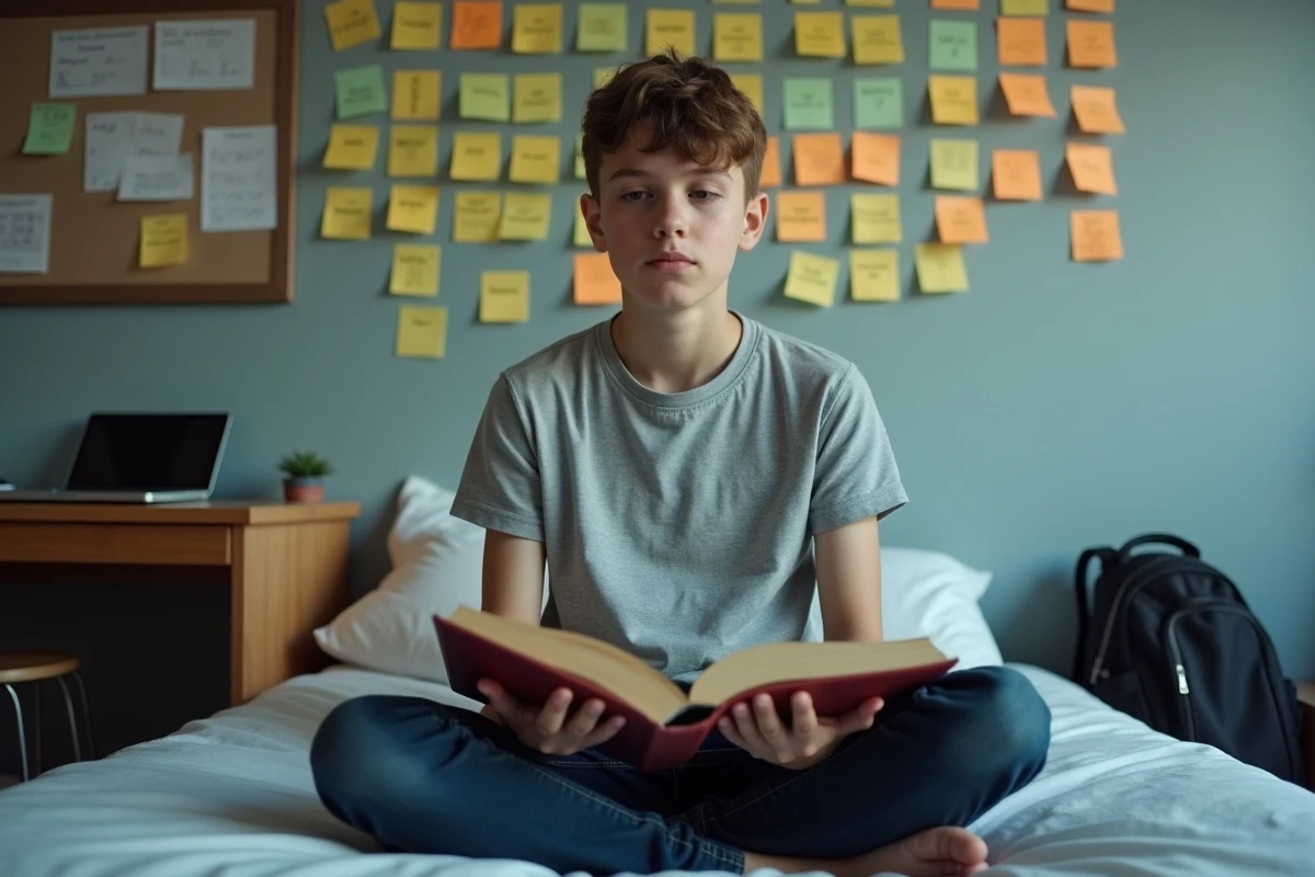 Adolescent mémorisant des mots connecteurs en français dans sa chambre avec des post-it collés au mur