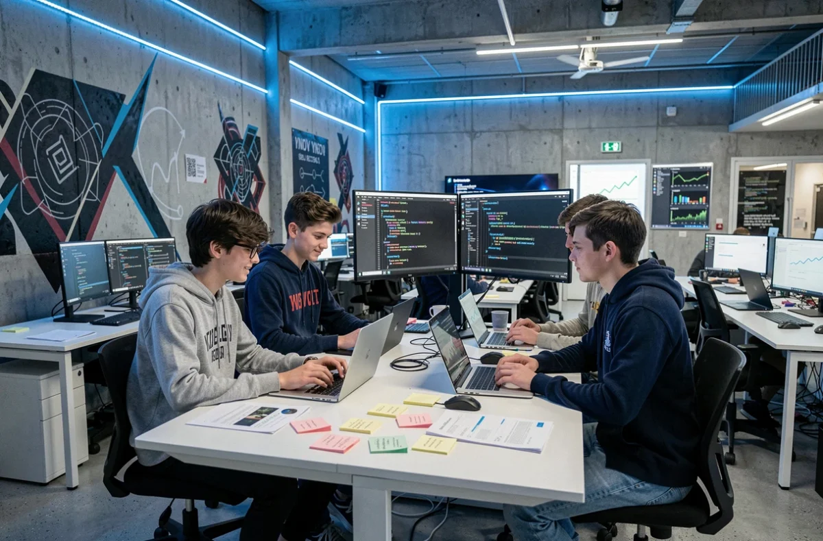 Étudiants en numérique et technologie travaillant ensemble sur un projet de programmation au Montpellier Ynov Campus