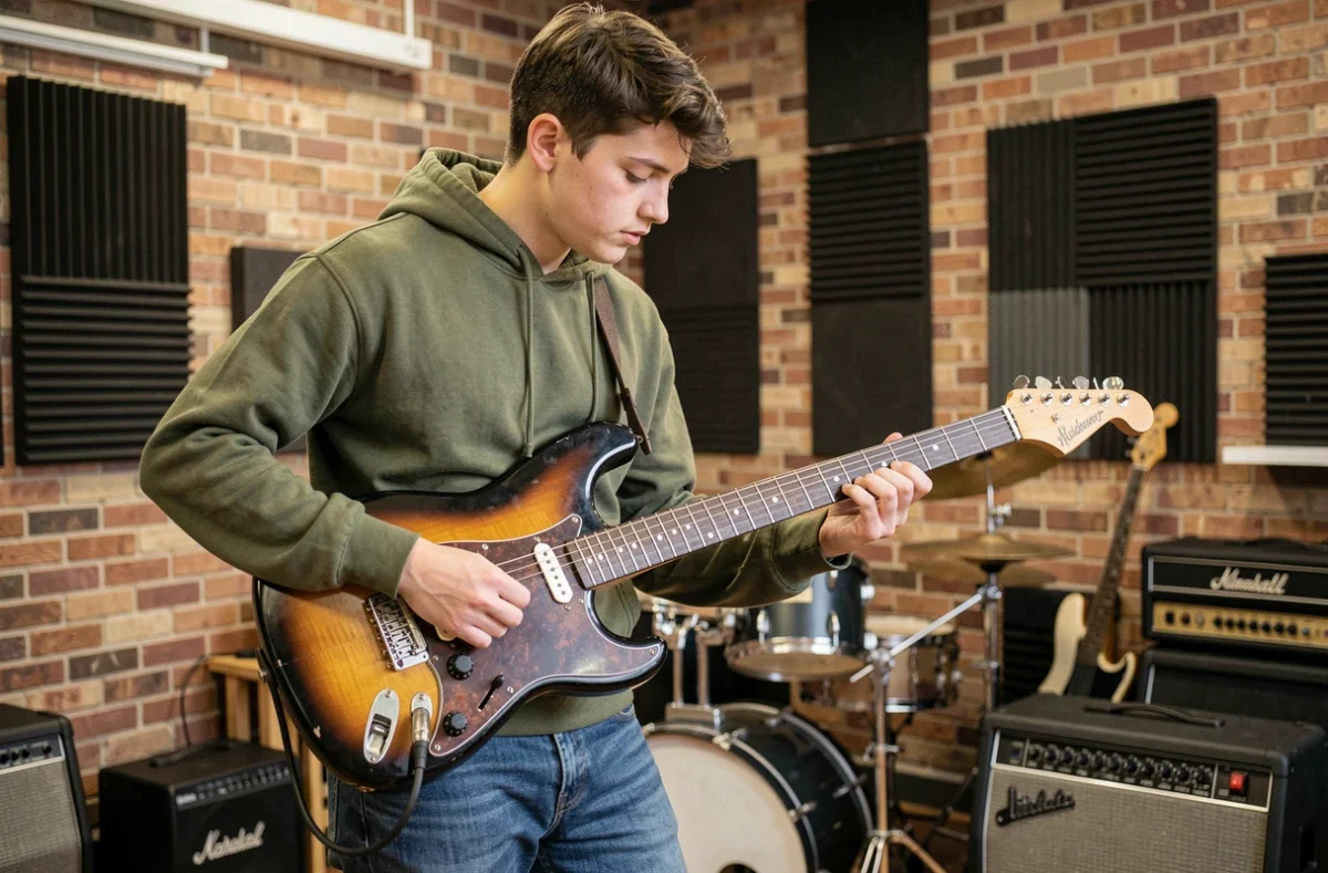 Jeune guitariste en répétition dans les studios de l'association Music'Act à Lille