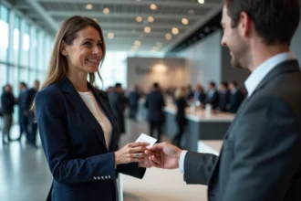 Femme professionnelle échangeant des cartes de visite lors d'une conférence marketing digitale à Paris
