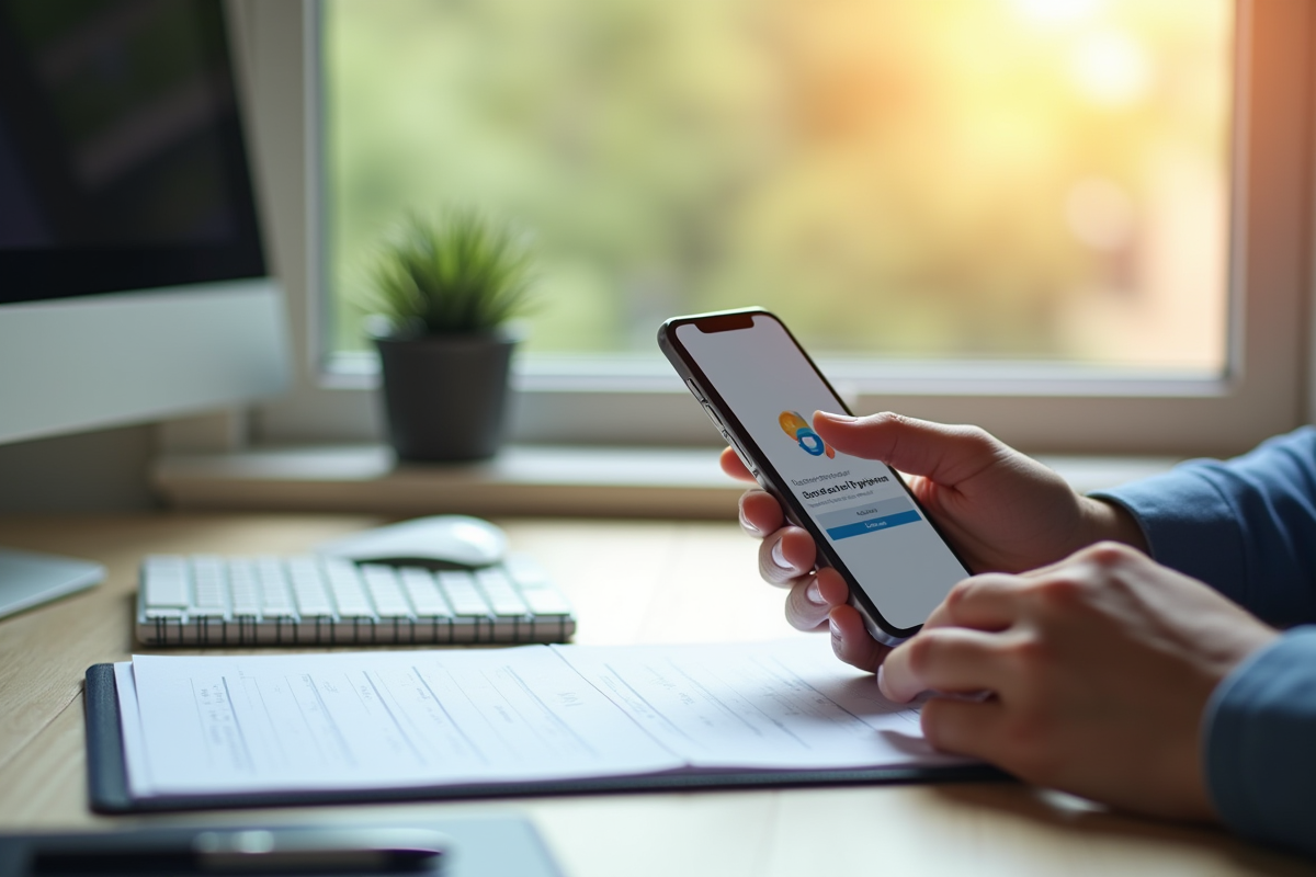 Ecran de smartphone avec notification de paiement réussi sur un bureau organisé