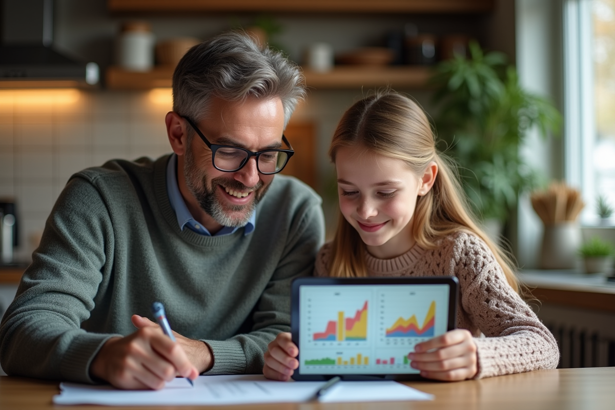 Père et fille discutant de finances à la maison