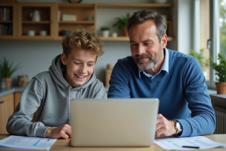Père français et fils avec manuel de permis de conduire