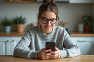 Mère de famille consultant les notifications de l'application scolaire Alcuin ESME sur son smartphone depuis sa cuisine