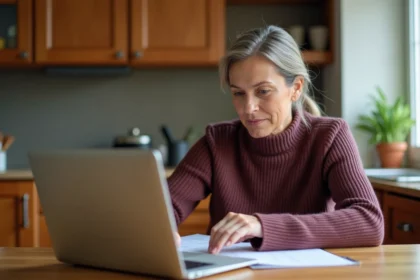 Mère de famille consultant le portail MyGEMA sur un ordinateur portable dans une cuisine familiale chaleureuse
