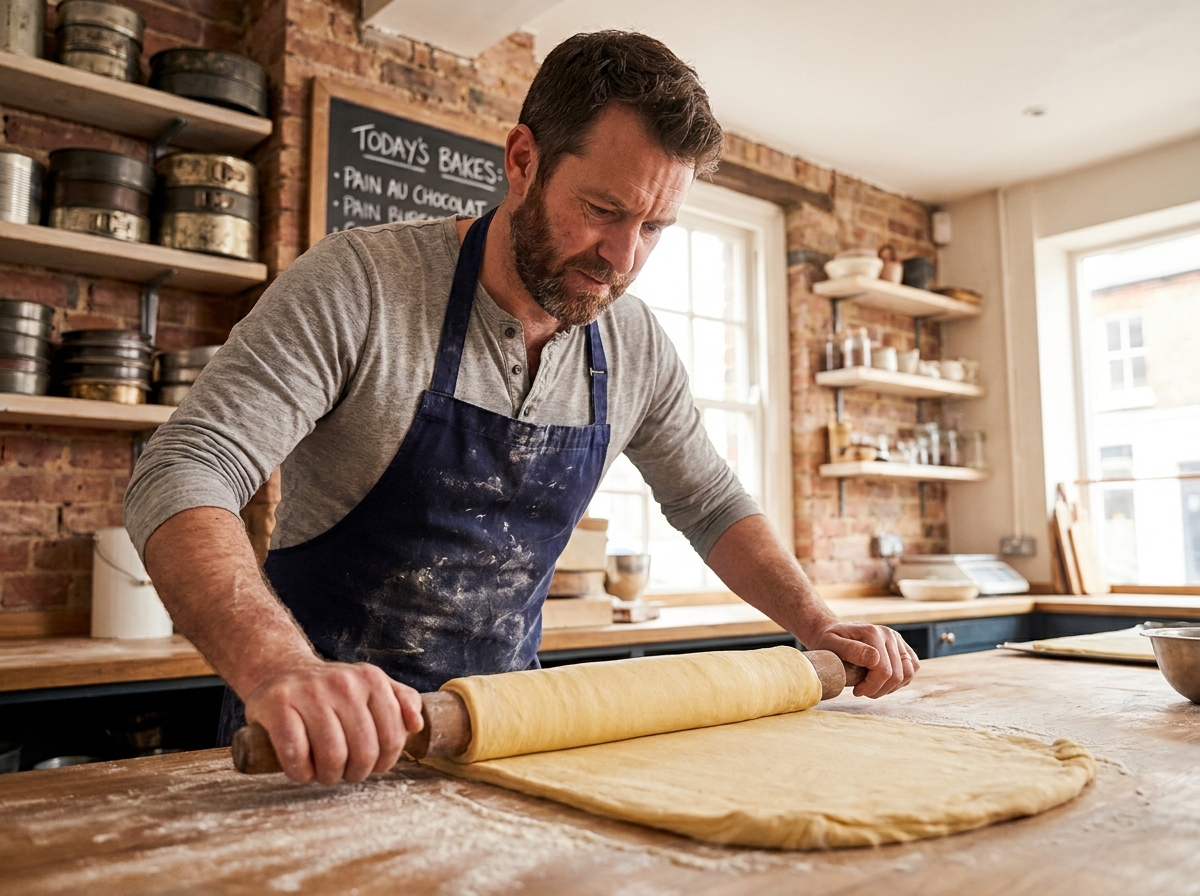 Homme d'une quarantaine d'années en tablier marine travaillant la pâte à croissants dans une boulangerie artisanale au décor en briques apparentes