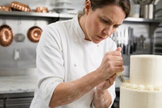 Femme de 35 ans en veste de pâtissière blanche décorant un gâteau à étages avec une poche à douille dans une cuisine professionnelle