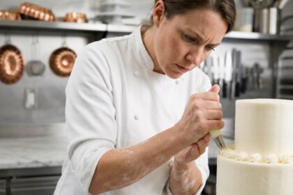 Femme de 35 ans en veste de pâtissière blanche décorant un gâteau à étages avec une poche à douille dans une cuisine professionnelle