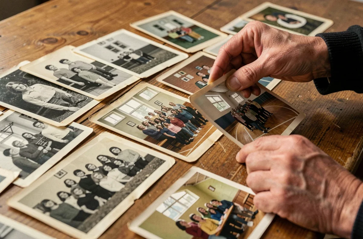 Anciennes photos de classe et annuaires scolaires du collège Jean Rostand étalés sur une table en bois, évoquant des souvenirs d'école
