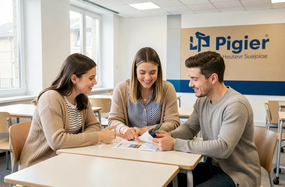 Trois étudiants révisant ensemble dans une salle de cours du campus Pigier des Hauts-de-Seine