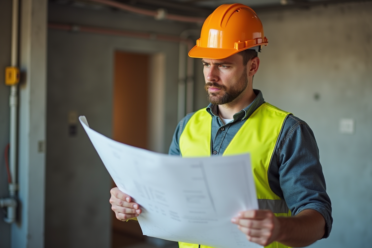 Plombier expérimenté consultant des plans sur un chantier