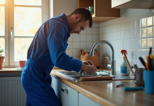 Plombier en bleu réparant un évier de cuisine lumineux