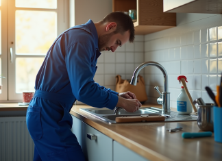 Plombier : un métier souvent sous-estimé Plombier en bleu réparant un évier de cuisine lumineux