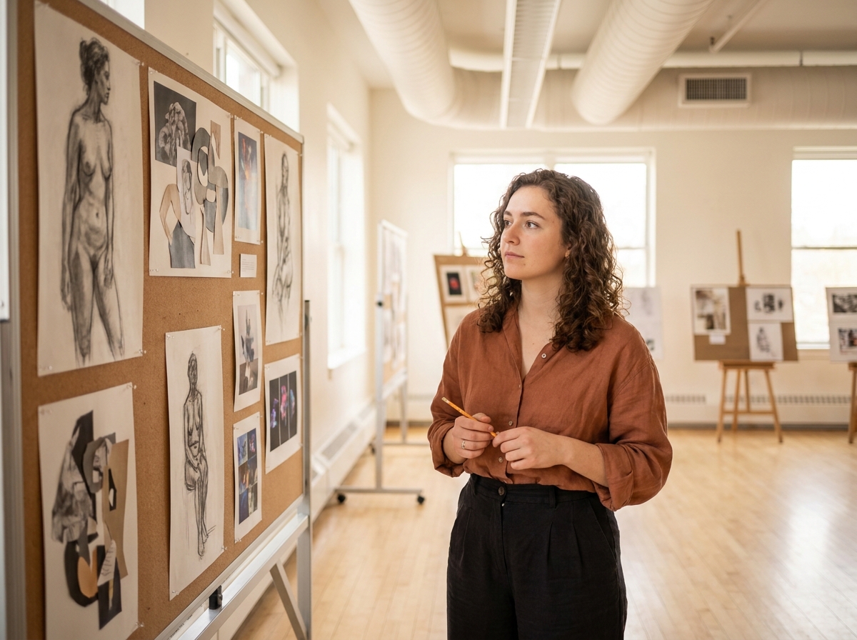 Étudiante présentant son portfolio lors d'une session de critique en école d'arts appliqués