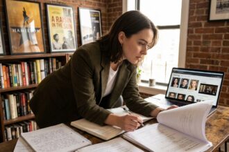 Jeune femme préparant son dossier pour intégrer les métiers de l'entertainment à son bureau