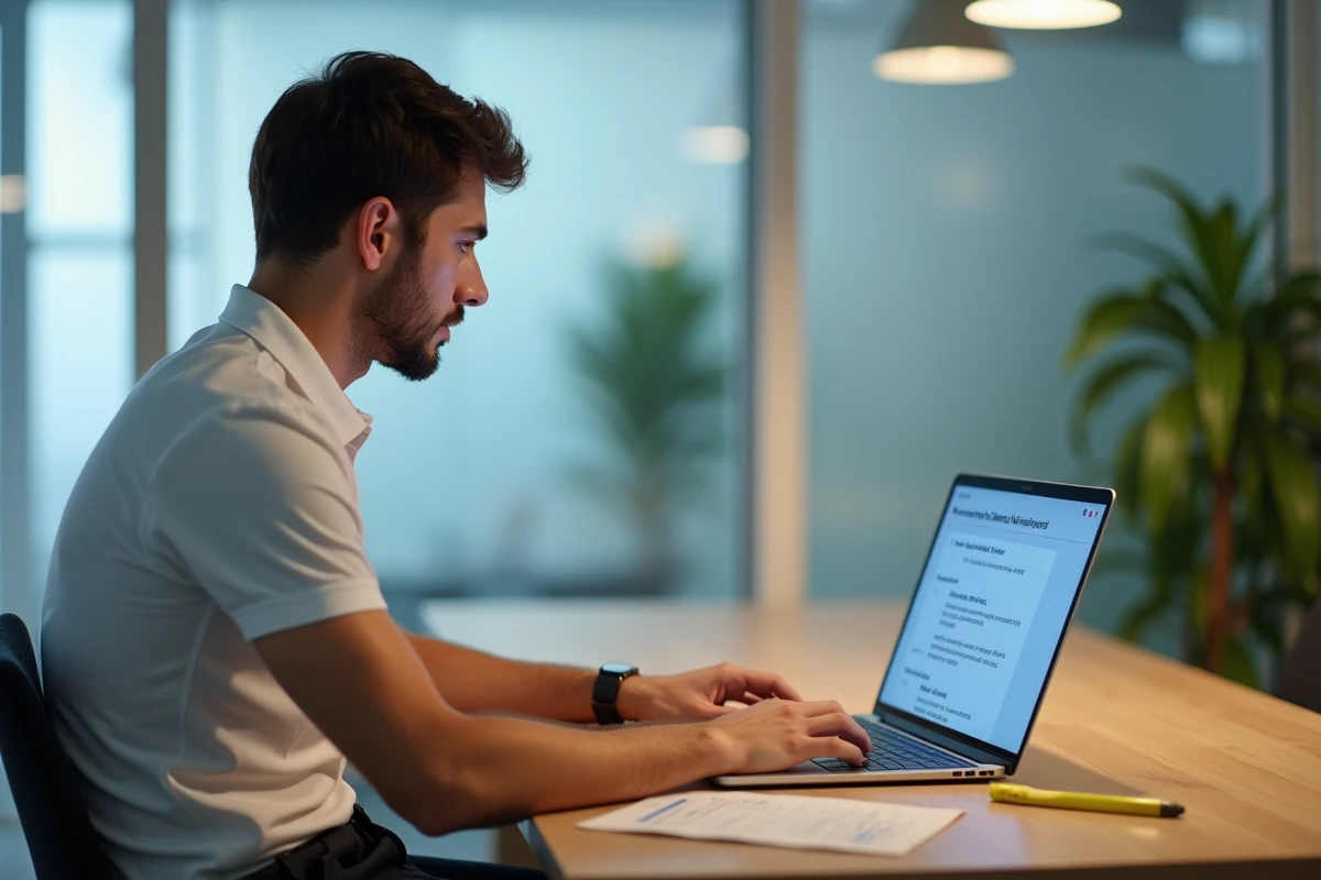 Stagiaire préparant en ligne sa certification Habilec sur ordinateur portable avec fiches de révision