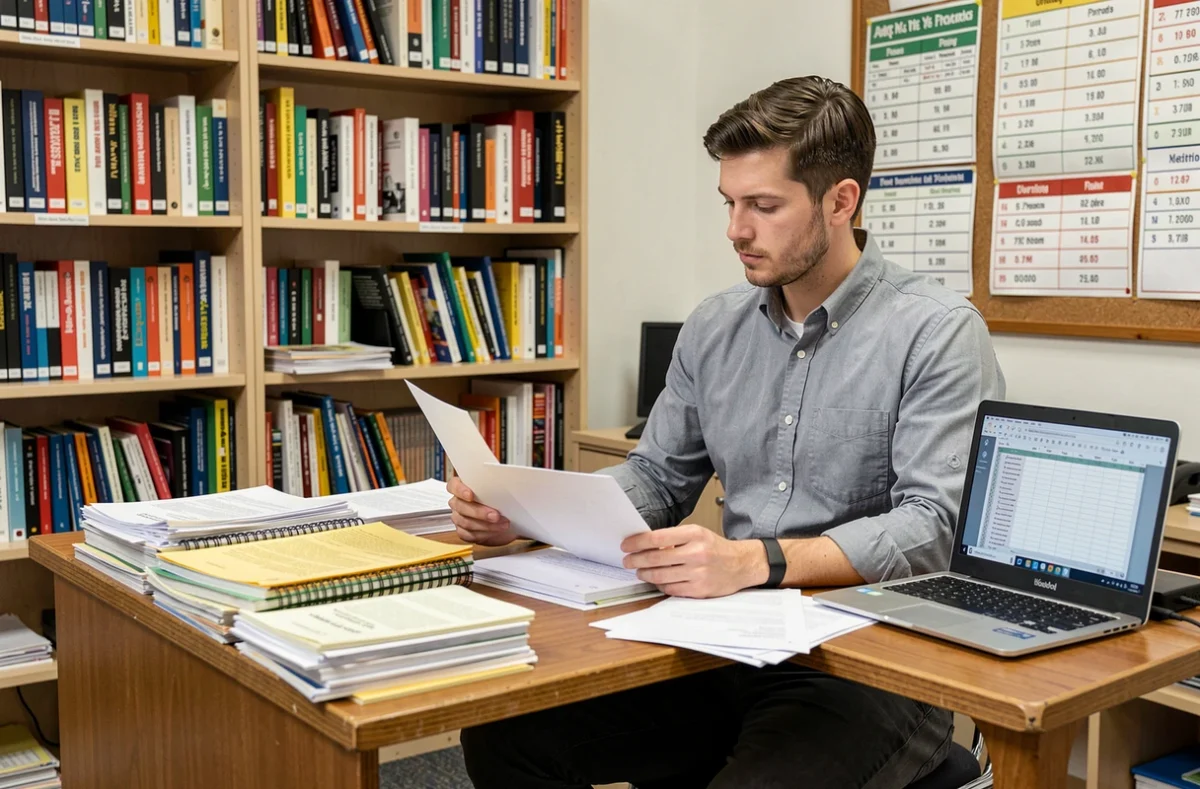 Professeur débutant corrigeant des copies à son bureau avec documents et ordinateur