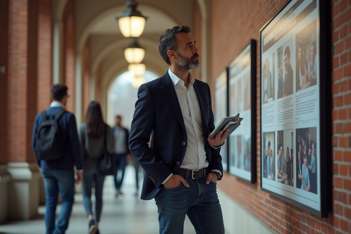 Professeur dans un couloir universitaire avec tableau d