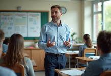 Professeur confiant devant classe de lycéens en pleine explication