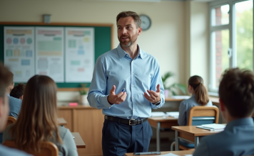 Enseignant : les trois fonctions clés pour réussir en classe Professeur confiant devant classe de lycéens en pleine explication