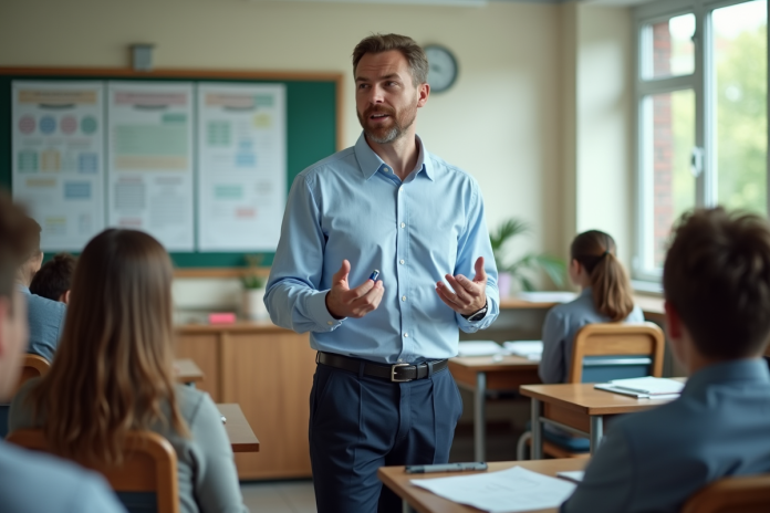 Professeur confiant devant classe de lycéens en pleine explication