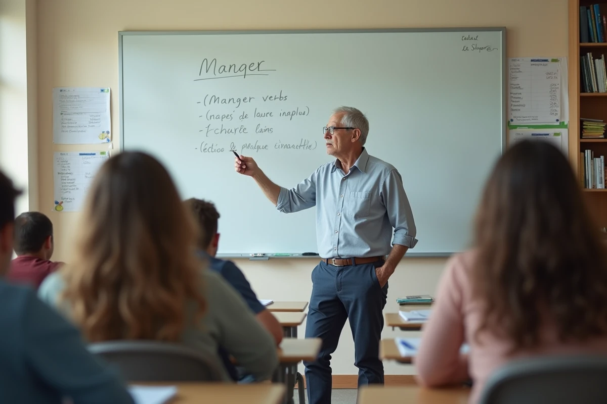 Professeur de français expliquant les verbes aux élèves en classe
