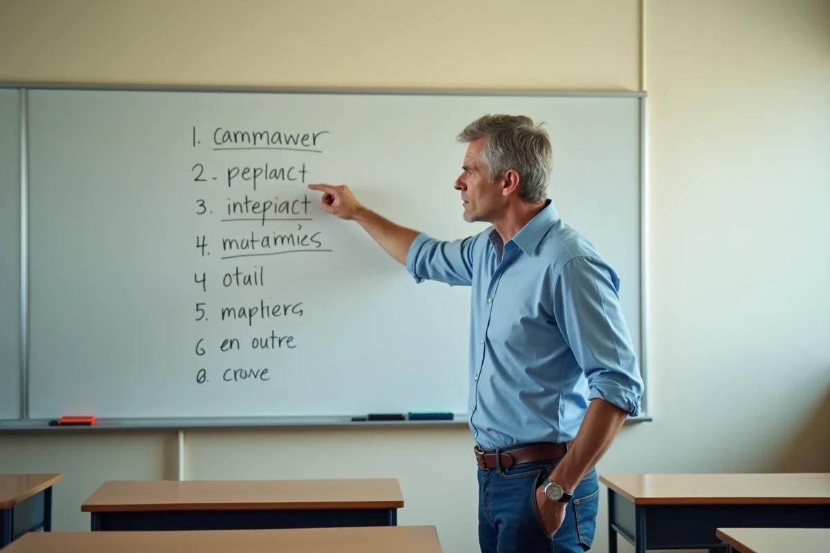 Professeur enseignant les mots connecteurs français au tableau blanc dans une salle de classe
