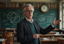 Cognitivisme : le père de cette théorie psychologique centrale Professeur âgé expliquant un concept en psychologie en classe