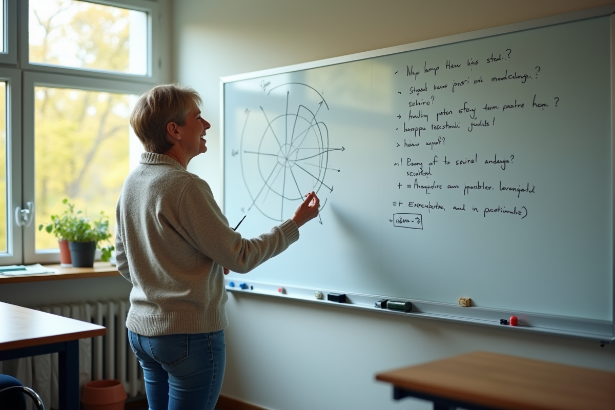 Professeure expliquant un diagramme en classe moderne