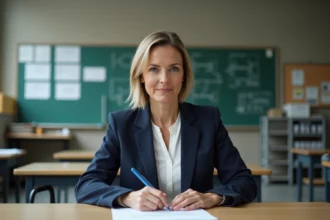 Professeure de lycée professionnel consultant des documents administratifs dans sa salle de classe